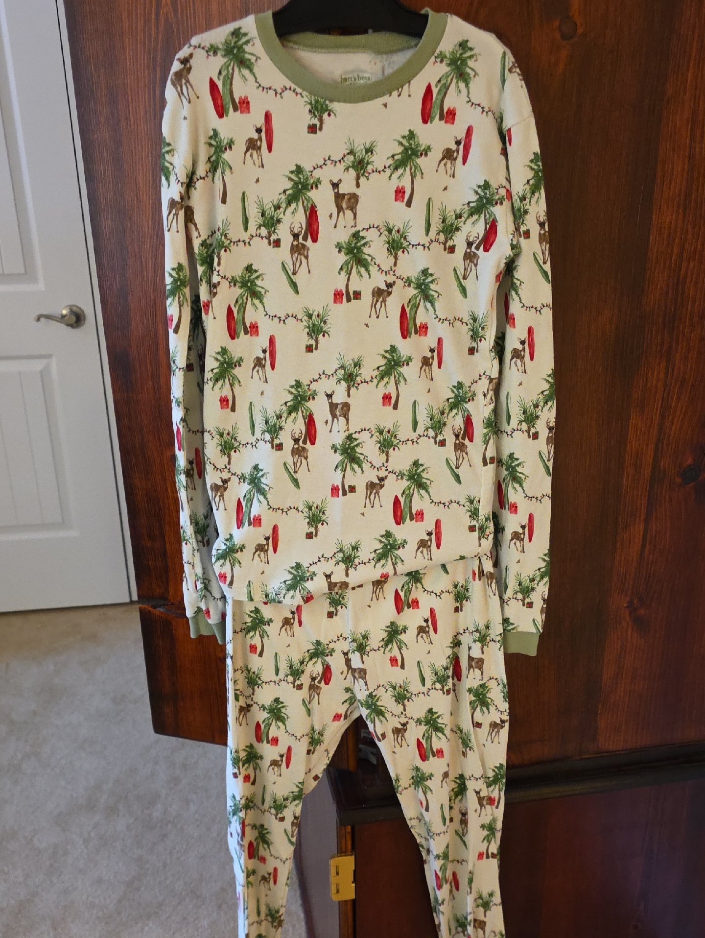 Burt's Bees - Kids Holiday Palm & Reindeer Pajama Set - Cream With Green Trim